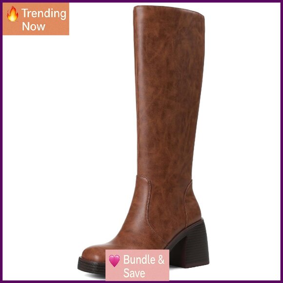 Knee High Boots Faux Leather Platform Chunky Heel Square Toe Side Zipper